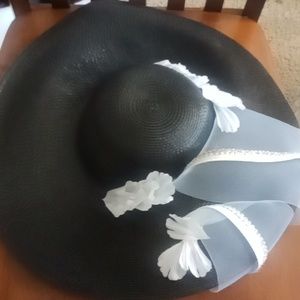 Vintage Black Hat lined with White Flowers and Gold Trim